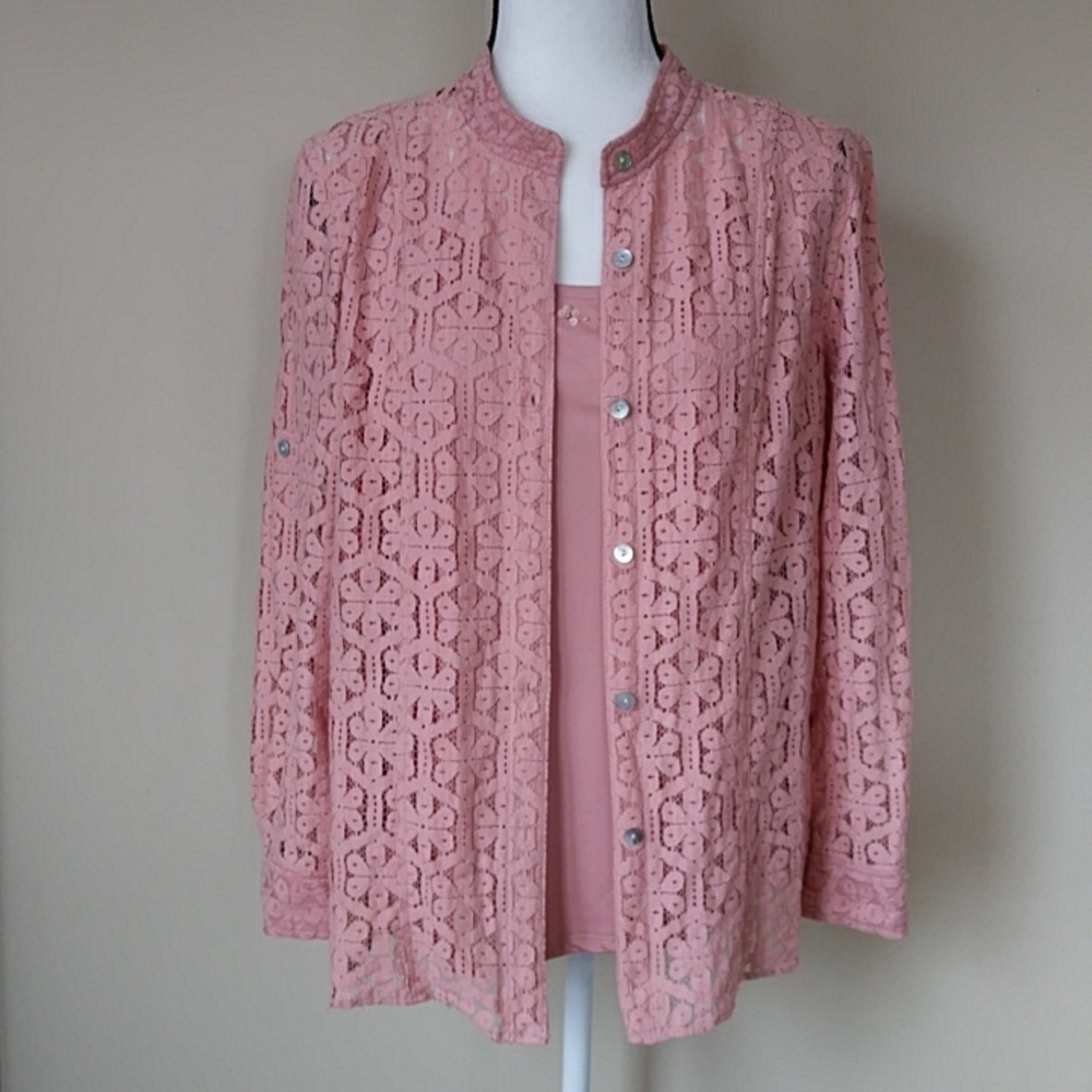 Alfred Dunner Crochet Lace Floral Button Up Blouse w/Tank Top 12 Pink